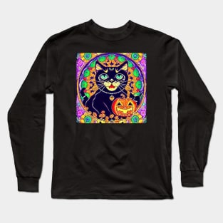 Smiling Halloween Black Cat Long Sleeve T-Shirt